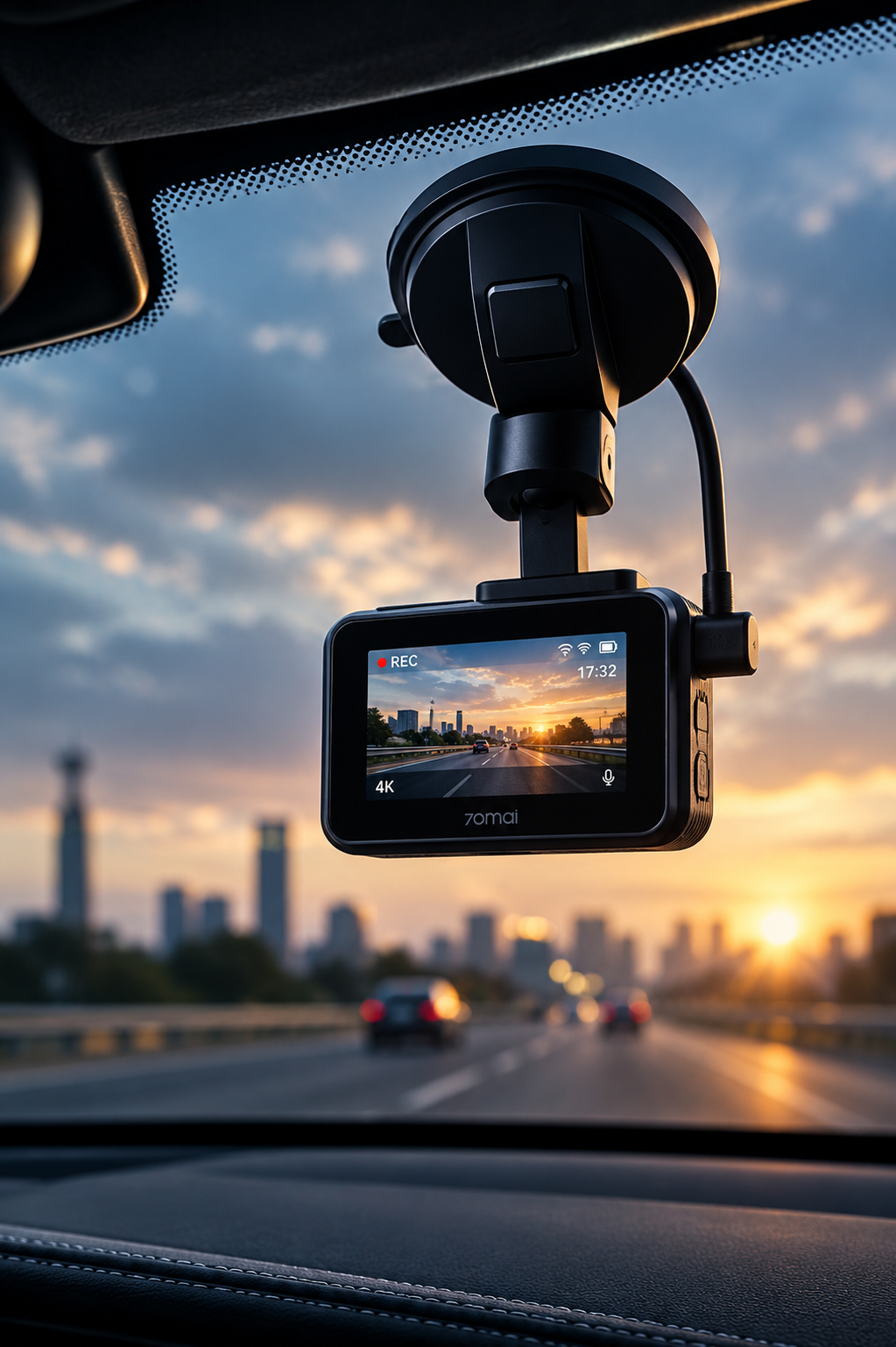 Action camera mounted on a car windshield at sunset